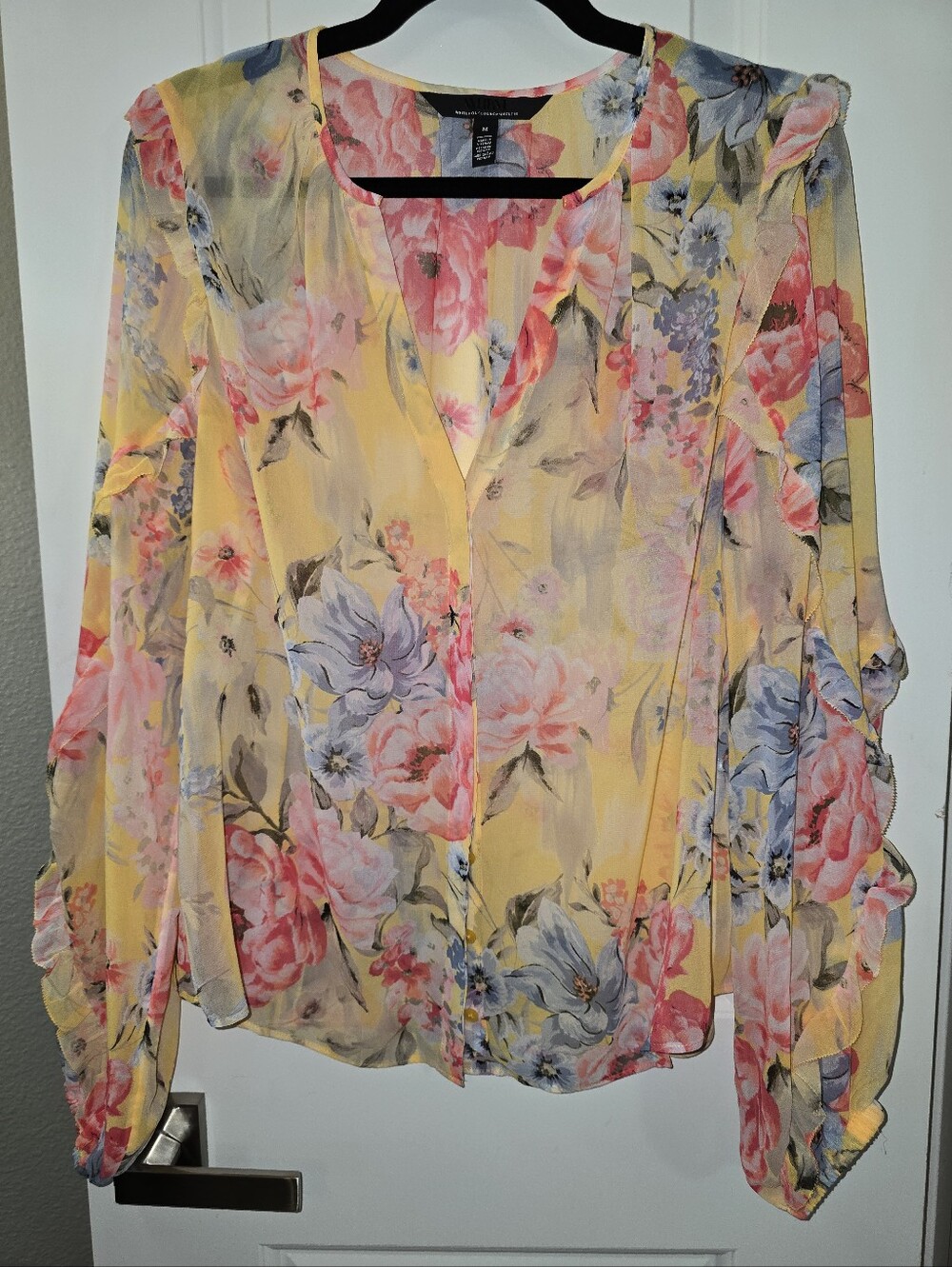 White House Black Market Yellow Floral Ruffle Sleeve Blouse M